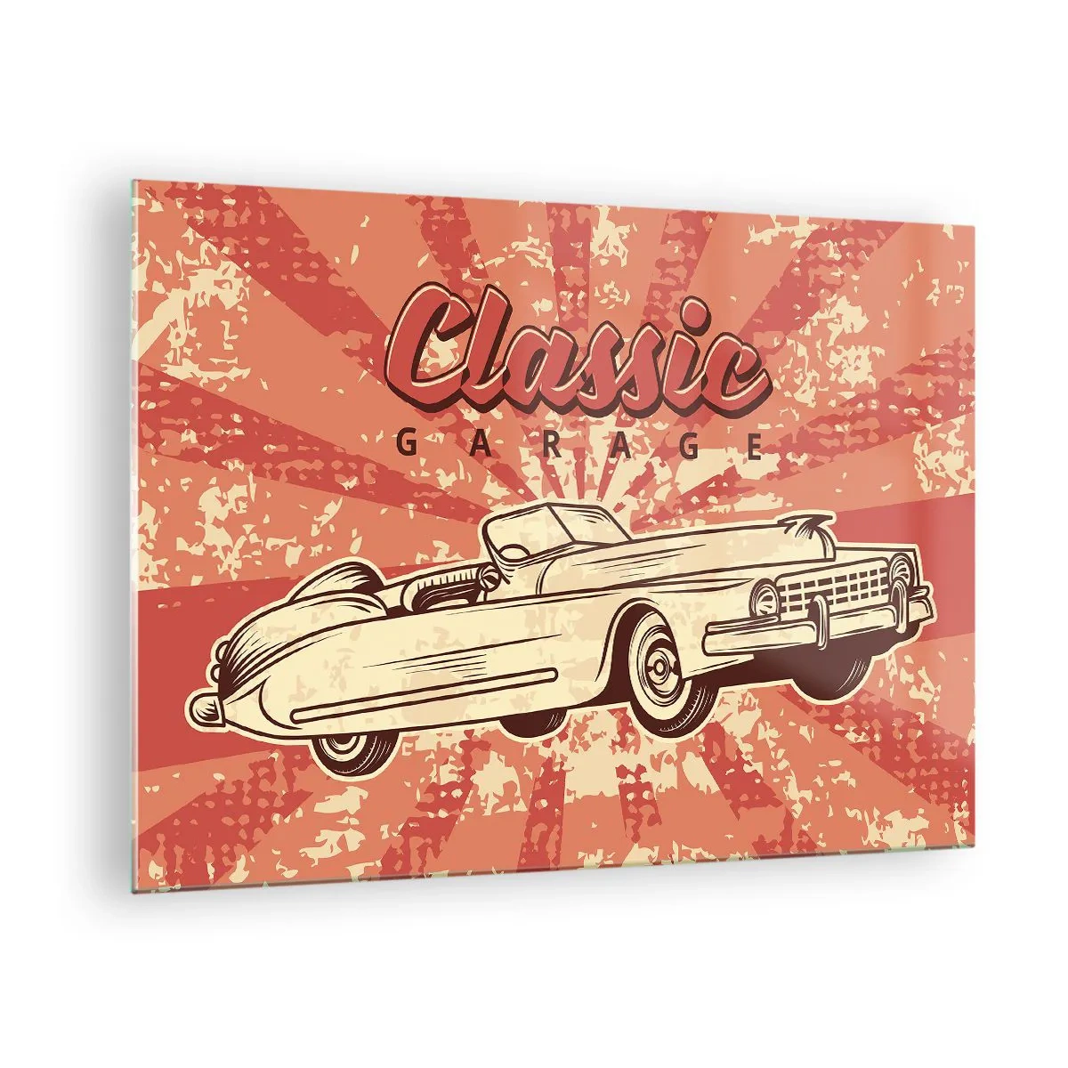 Obraz na skle - Retro grafika klasického auta na pozadí paprsků - 70x50cm - V rádiu je Elvis - Moderní nástěnná dekorace do obývacího pokoje a ložnice ARTTOR