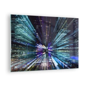 Obraz na skle - Dynamické světelné linie na pozadí nočního města - 70x50cm - Přechod do hyperprostoru - Moderní nástěnná dekorace do obývacího pokoje a ložnice ARTTOR