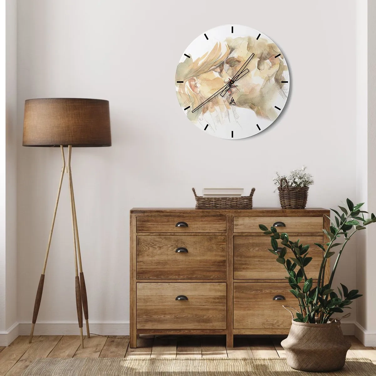 Nástěnné hodiny - Pastelově zbarvený akvarelový portrét líbajícího se páru - 30x30cm - Nalezena polovina? - Moderní nástěnná dekorace do obývacího pokoje, kuchyně a ložnice ARTTOR