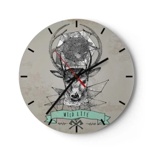Nástěnné hodiny - Geometrický jelen s nápisem Wild Life na šedém pozadí - 30x30cm - Vidění sv. Huberta - Moderní nástěnná dekorace do obývacího pokoje, kuchyně a ložnice ARTTOR