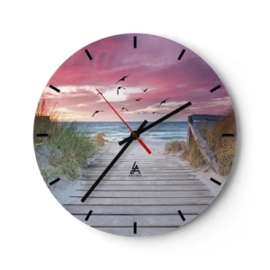 Nástěnné hodiny - Dřevěné molo vedoucí na pláž při západu slunce - 30x30cm - Baltská imprese - Moderní nástěnná dekorace do obývacího pokoje, kuchyně a ložnice ARTTOR