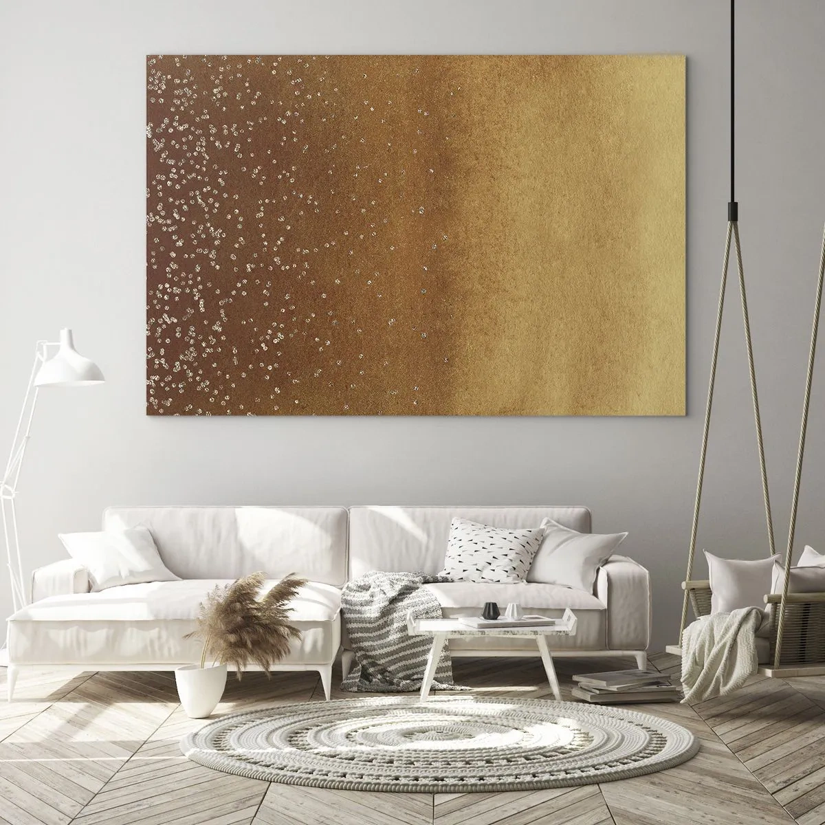 Obraz na skle - Zlatý abstraktní vzor s jemnými odlesky - 70x50cm - Zrození světla - Moderní nástěnná dekorace do obývacího pokoje a ložnice ARTTOR