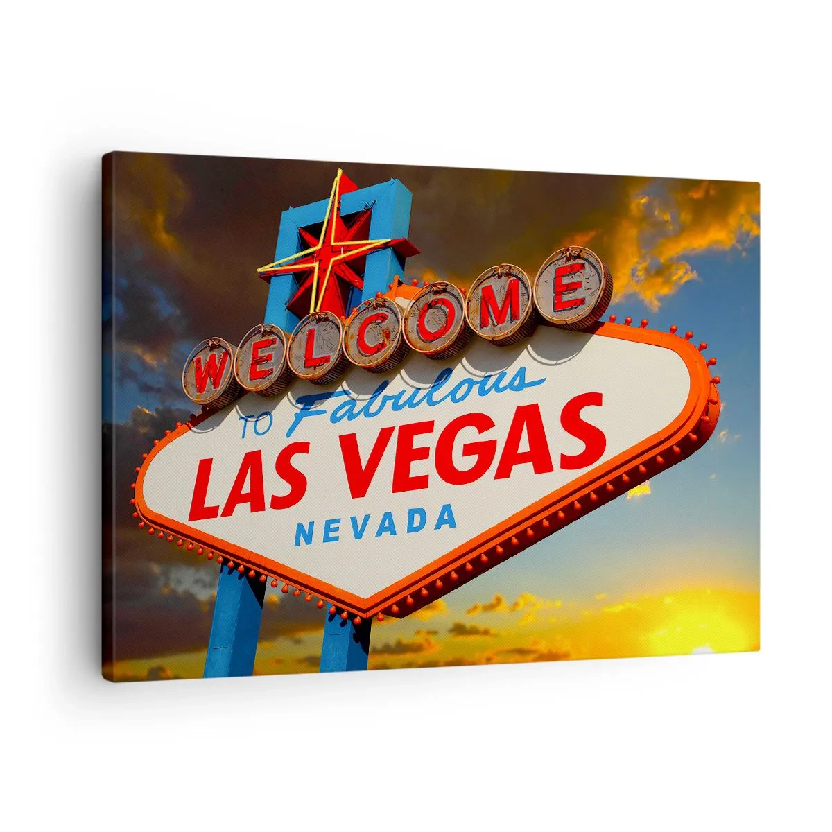 Obraz na plátně - Slavný nápis Vítejte v báječném Las Vegas při západu slunce - 70x50cm - Po úsměv osudu - Moderní nástěnná dekorace do obývacího pokoje a ložnice ARTTOR