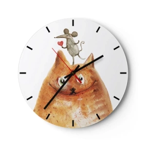 Nástěnné hodiny - Ilustrace kočky a myši se srdcem v humorném stylu - 30x30cm - Paradoxy lásky - Moderní nástěnná dekorace do obývacího pokoje, kuchyně a ložnice ARTTOR