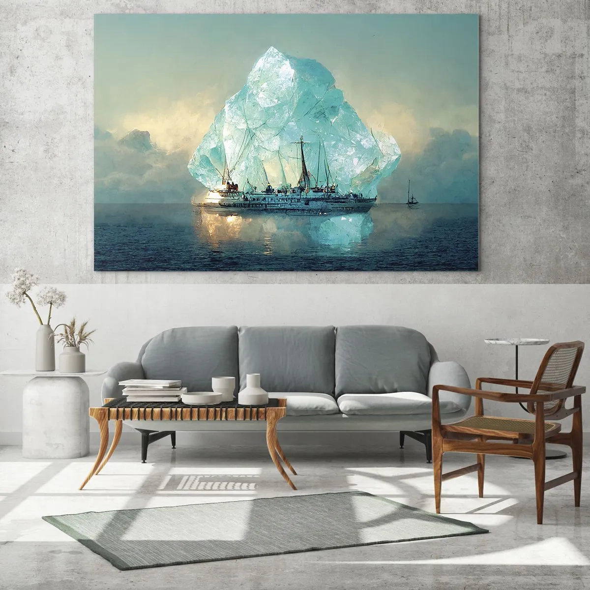 Obraz na skle - Plachetnice před obrovským ledovcem v arktickém světle. - 70x50cm - Arktický briliant - Moderní nástěnná dekorace do obývacího pokoje a ložnice ARTTOR