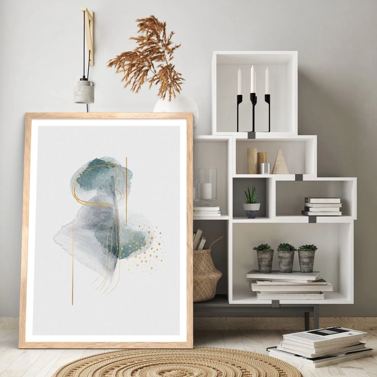 Plakát v rámu světlý dub - O vztahu mezi šedou a zlatou - 30x40 cm