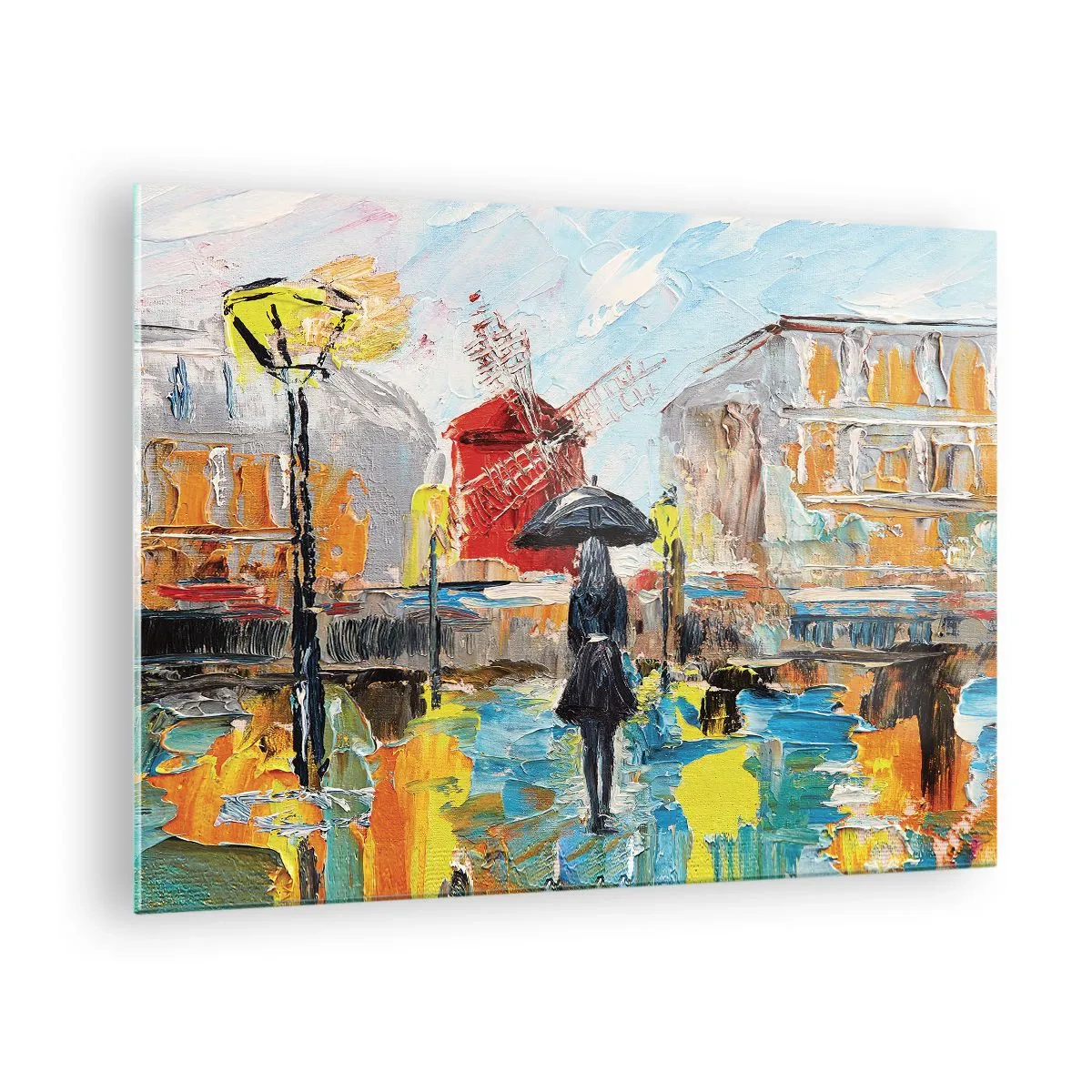 Obraz na skle - Žena s deštníkem na pozadí města ve stylu impresionismu - 70x50cm - Pařížské legendy - Moderní nástěnná dekorace do obývacího pokoje a ložnice ARTTOR