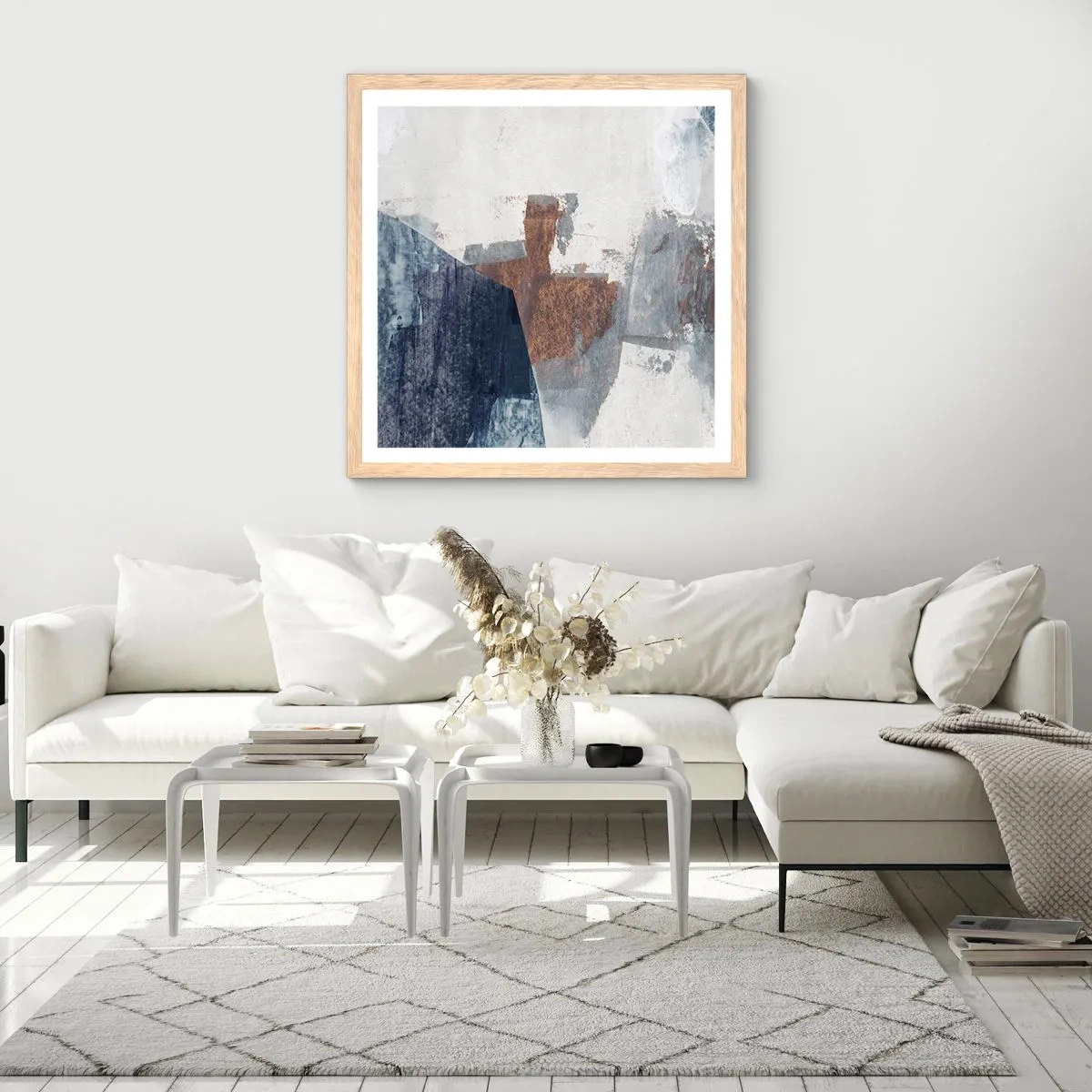 Plakát v rámu světlý dub - Modro-hnědé tvary - 40x40 cm