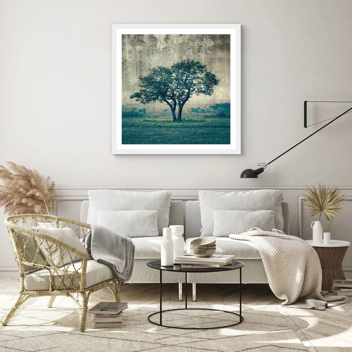 Plakát v bílém rámu - Jabloň na modrém poli? - 30x30 cm