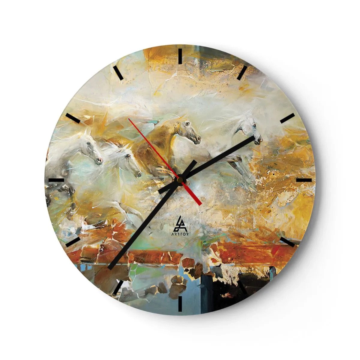 Nástěnné hodiny - Abstraktní koně v dynamickém pohybu - 30x30cm - Cválá světlem - Moderní nástěnná dekorace do obývacího pokoje, kuchyně a ložnice ARTTOR