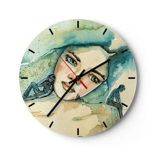 Nástěnné hodiny - Umělecký portrét ženy a siluety v odstínech modré - 30x30cm - Am I blue? - Moderní nástěnná dekorace do obývacího pokoje, kuchyně a ložnice ARTTOR