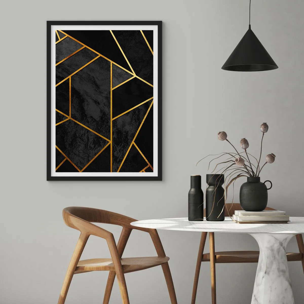 Plakát v černém rámu - Geometrické vzory ve zlaté barvě na černém pozadí - 50x70cm - Temnota a světlo - Moderní nástěnná dekorace do obývacího pokoje a ložnice ARTTOR