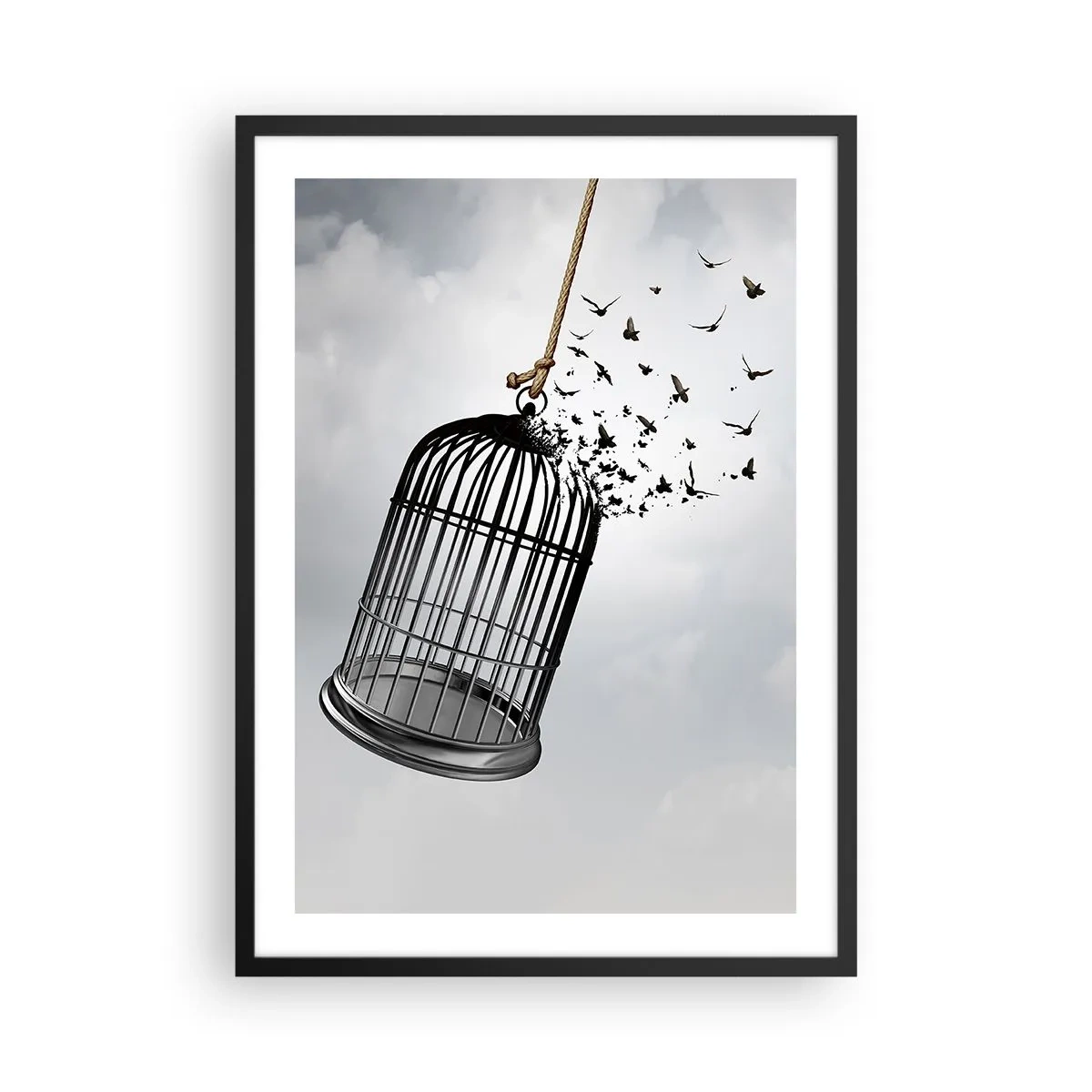 Plakát v černém rámu - Ptáci létající z otevřené klece na pozadí mraků - 50x70cm - Víra… naděje… svoboda! - Moderní nástěnná dekorace do obývacího pokoje a ložnice ARTTOR