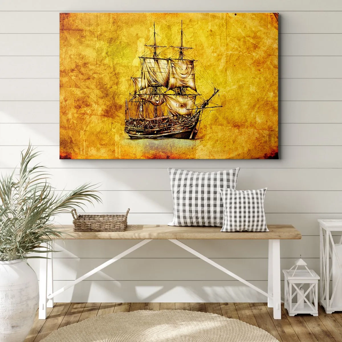 Obraz na plátně - Stylizovaná kresba plachetnice na zlatém pozadí s vintage nádechem. - 70x50cm - Směr Tortuga! - Moderní nástěnná dekorace do obývacího pokoje a ložnice ARTTOR