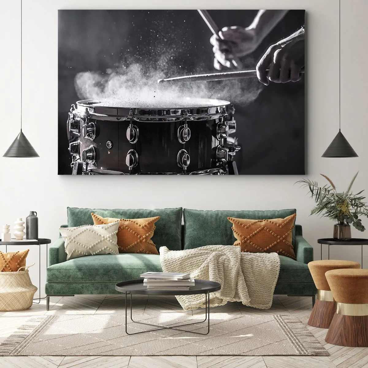 Obraz na plátně - Údery paličkami do malého bubnu s efektem prachu - 70x50cm - Puls hudby - Moderní nástěnná dekorace do obývacího pokoje a ložnice ARTTOR