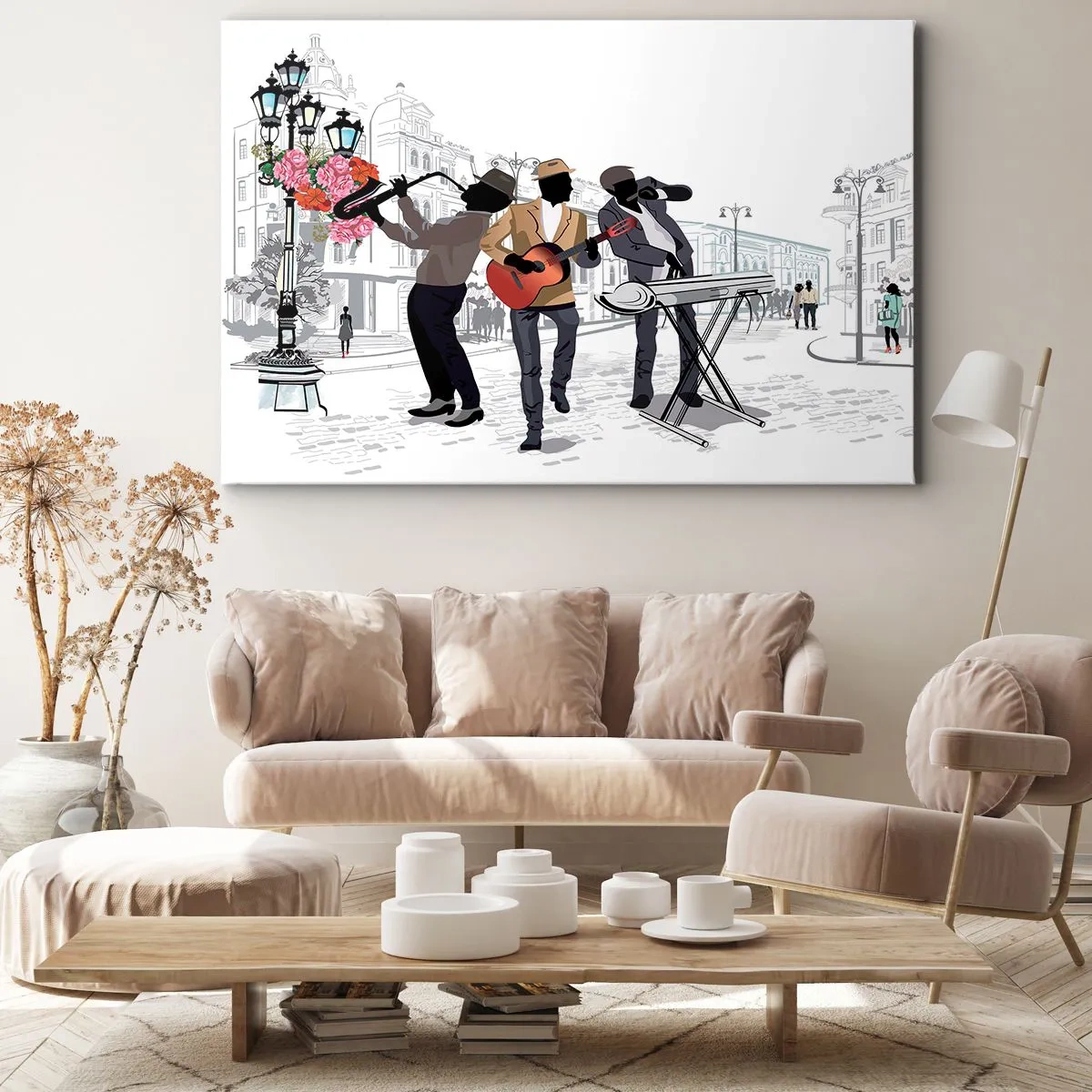 Obraz na plátně - Pouliční hudebníci hrající na pozadí městské krajiny - 70x50cm - Hudba ulice - Moderní nástěnná dekorace do obývacího pokoje a ložnice ARTTOR