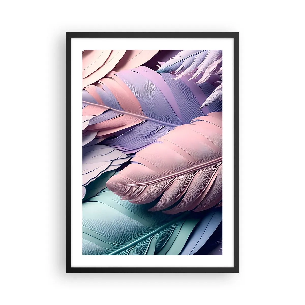 Plakát v černém rámu - Pastelové peří v jemných odstínech - 50x70cm - Ptačí styl - Moderní nástěnná dekorace do obývacího pokoje a ložnice ARTTOR
