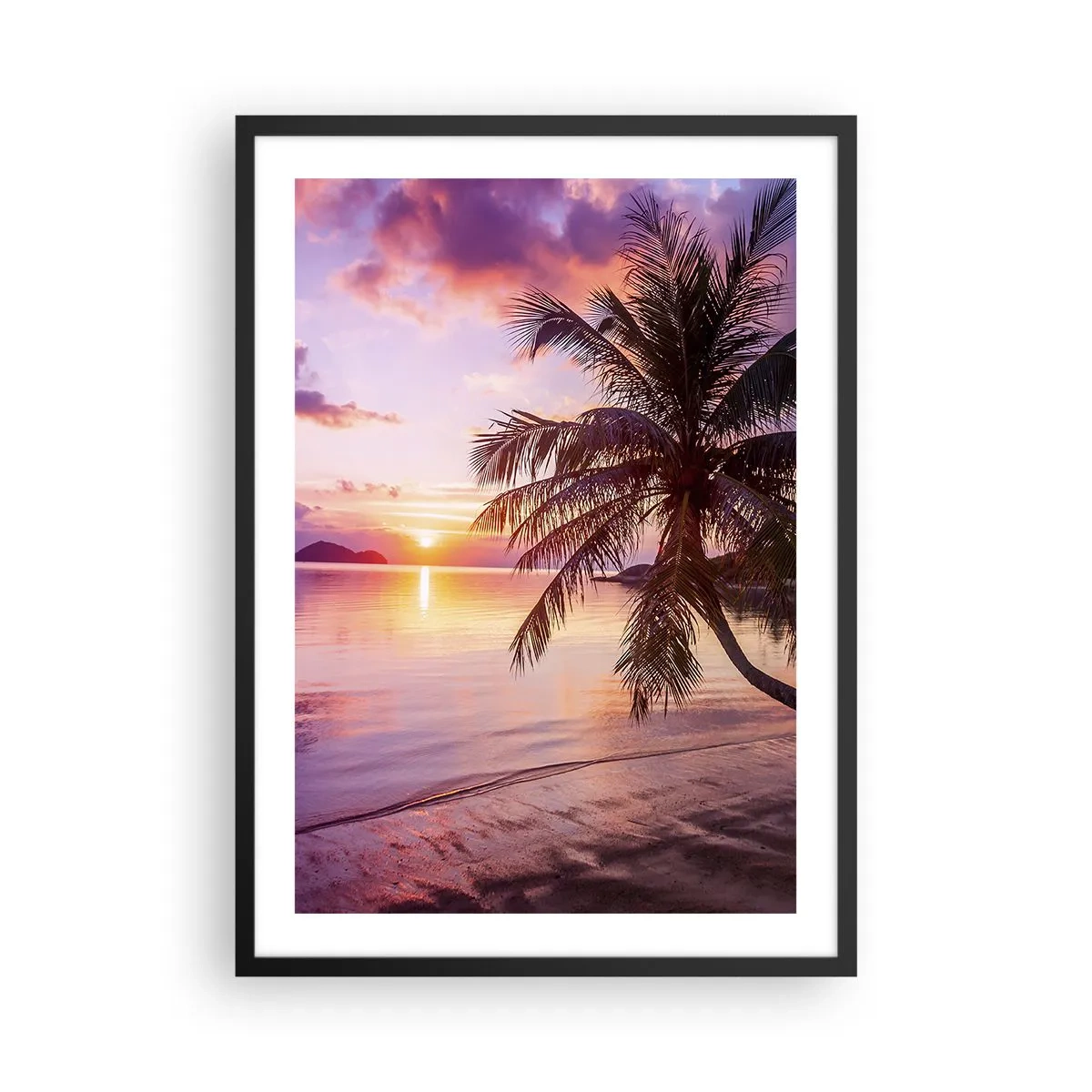 Plakát v černém rámu - Tropický západ slunce s palmou na pláži - 50x70cm - Blahobyt až po okraj - Moderní nástěnná dekorace do obývacího pokoje a ložnice ARTTOR