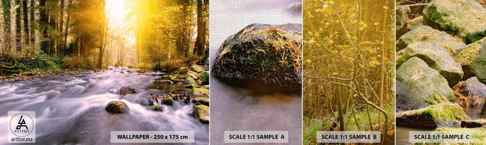 Vzor Fototapety Premium Canvas - Malachit ve stříbrně-zlaté podobě - Krajina, Horský potok, Les - 100x30 cm