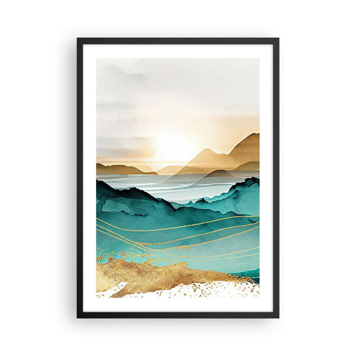 Plakát v černém rámu - Malebná horská krajina v odstínech tyrkysové a zlaté - 50x70cm - Na pokraji abstrakce – krajina - Moderní nástěnná dekorace do obývacího pokoje a ložnice ARTTOR