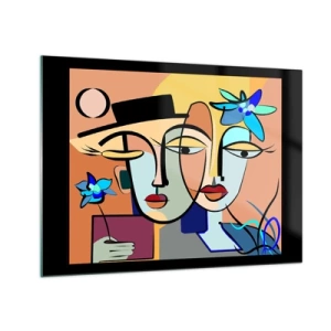 Obraz na skle - Barevné tváře v kubistickém stylu s květinami - 70x50cm - Picassovo randez vous - Moderní nástěnná dekorace do obývacího pokoje a ložnice ARTTOR