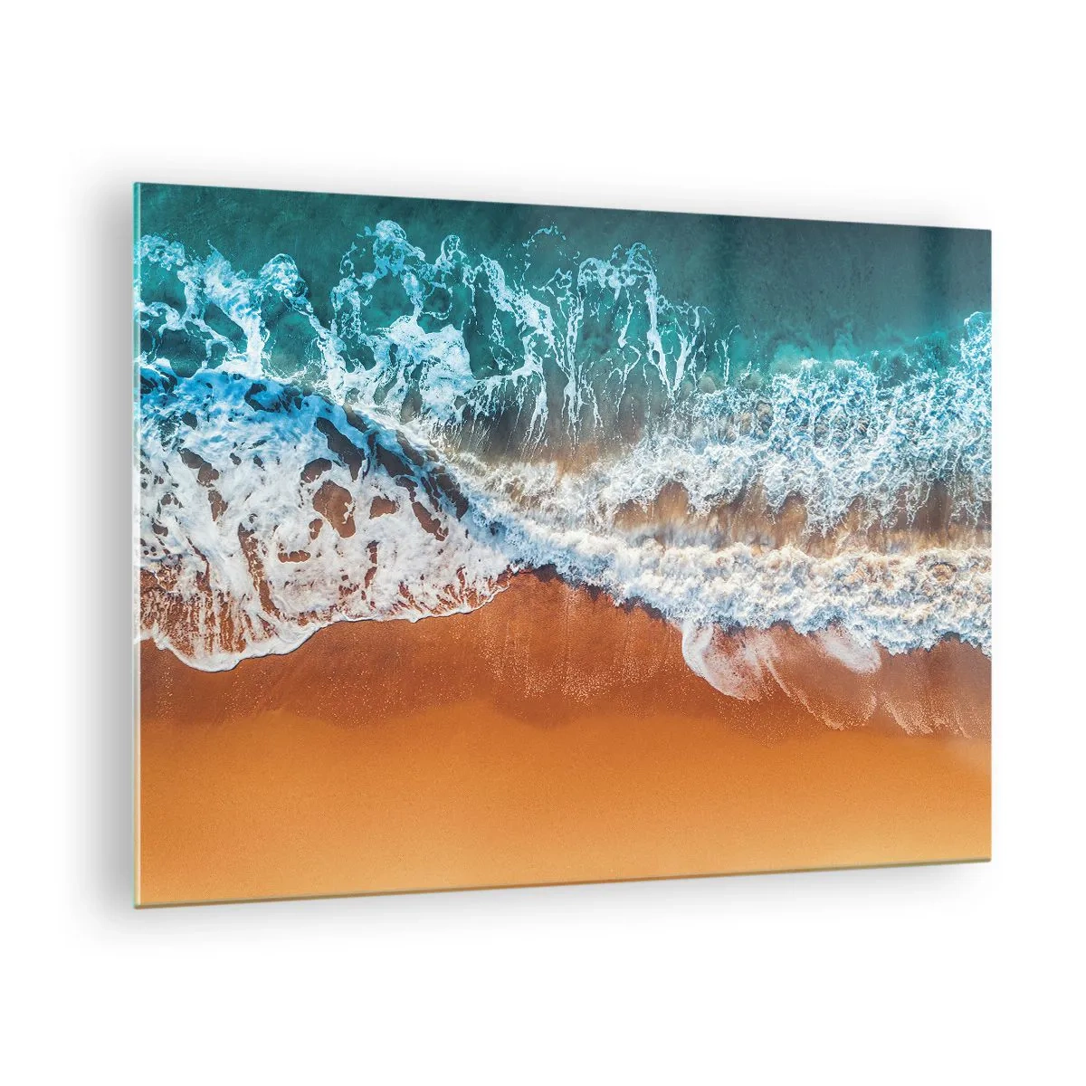 Obraz na skle - Pohled z ptačí perspektivy na oceánské vlny narážející do břehu - 70x50cm - Vždy pár - Moderní nástěnná dekorace do obývacího pokoje a ložnice ARTTOR