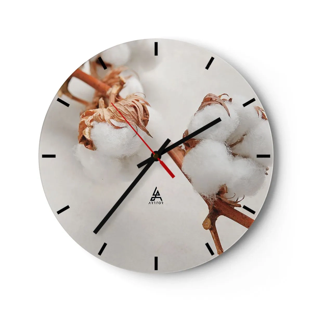 Nástěnné hodiny - Bílé nadýchané bavlníkové květy na světlém pozadí - 30x30cm - Jenom objímat - Moderní nástěnná dekorace do obývacího pokoje, kuchyně a ložnice ARTTOR