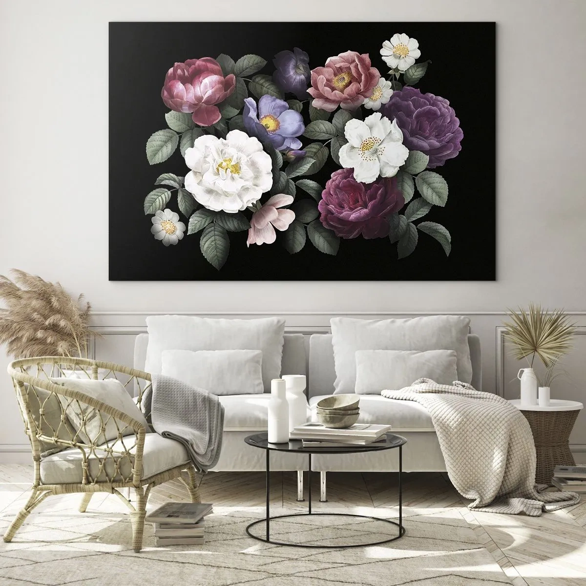 Obraz na skle - Květinová kompozice s pivoňkami na černém pozadí - 70x50cm - Z anglické zahrady - Moderní nástěnná dekorace do obývacího pokoje a ložnice ARTTOR