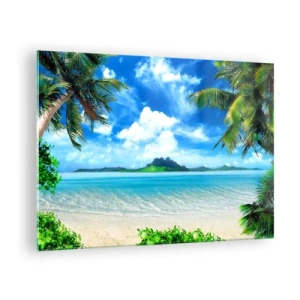 Obraz na skle - Tropická pláž s palmami a výhledem na hornatý ostrov - 70x50cm - Modř tropů - Moderní nástěnná dekorace do obývacího pokoje a ložnice ARTTOR