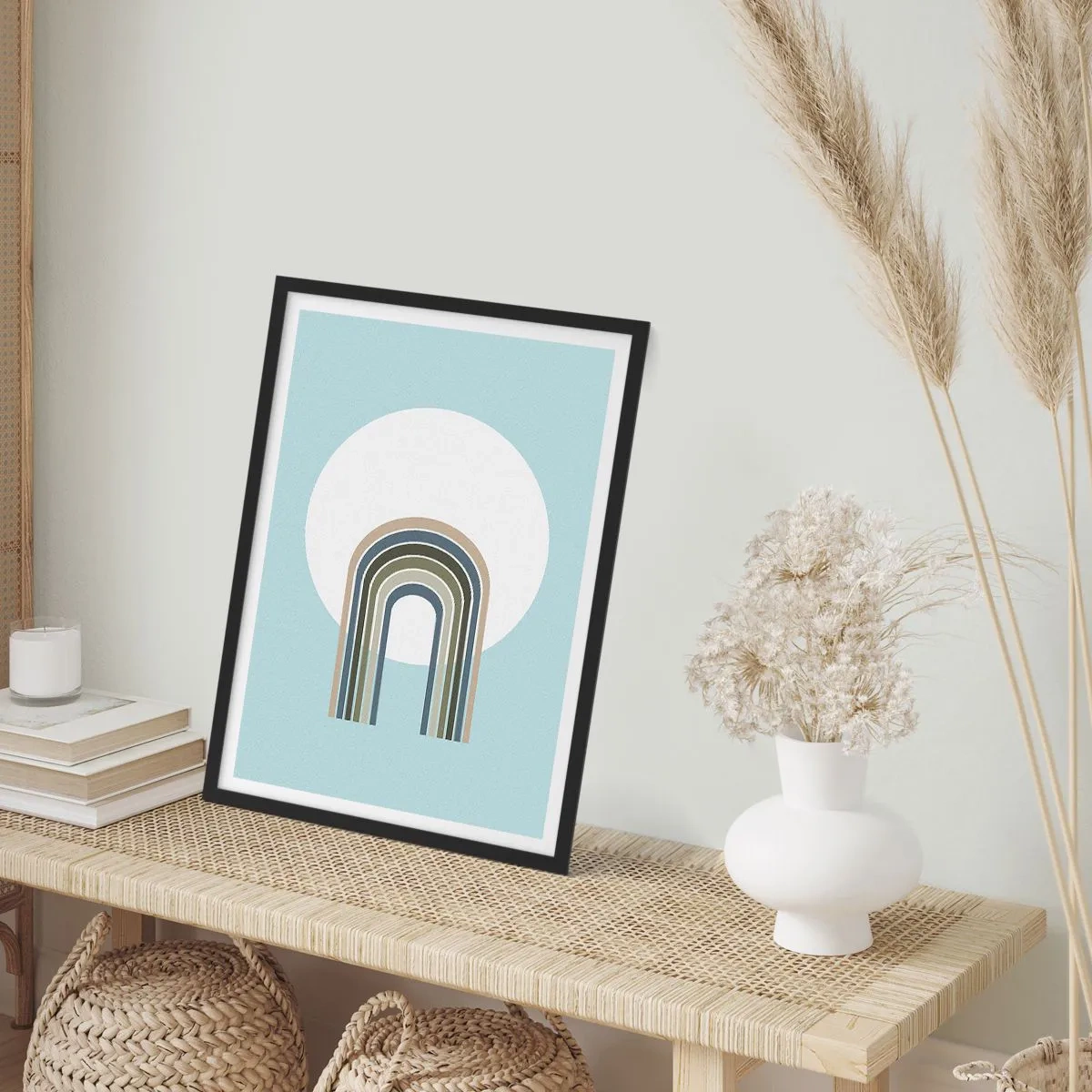 Plakát v černém rámu - Minimalistický oblouk s pastelovými odstíny na kruhovém pozadí - 50x70cm - Neodolatelná přitažlivost - Moderní nástěnná dekorace do obývacího pokoje a ložnice ARTTOR