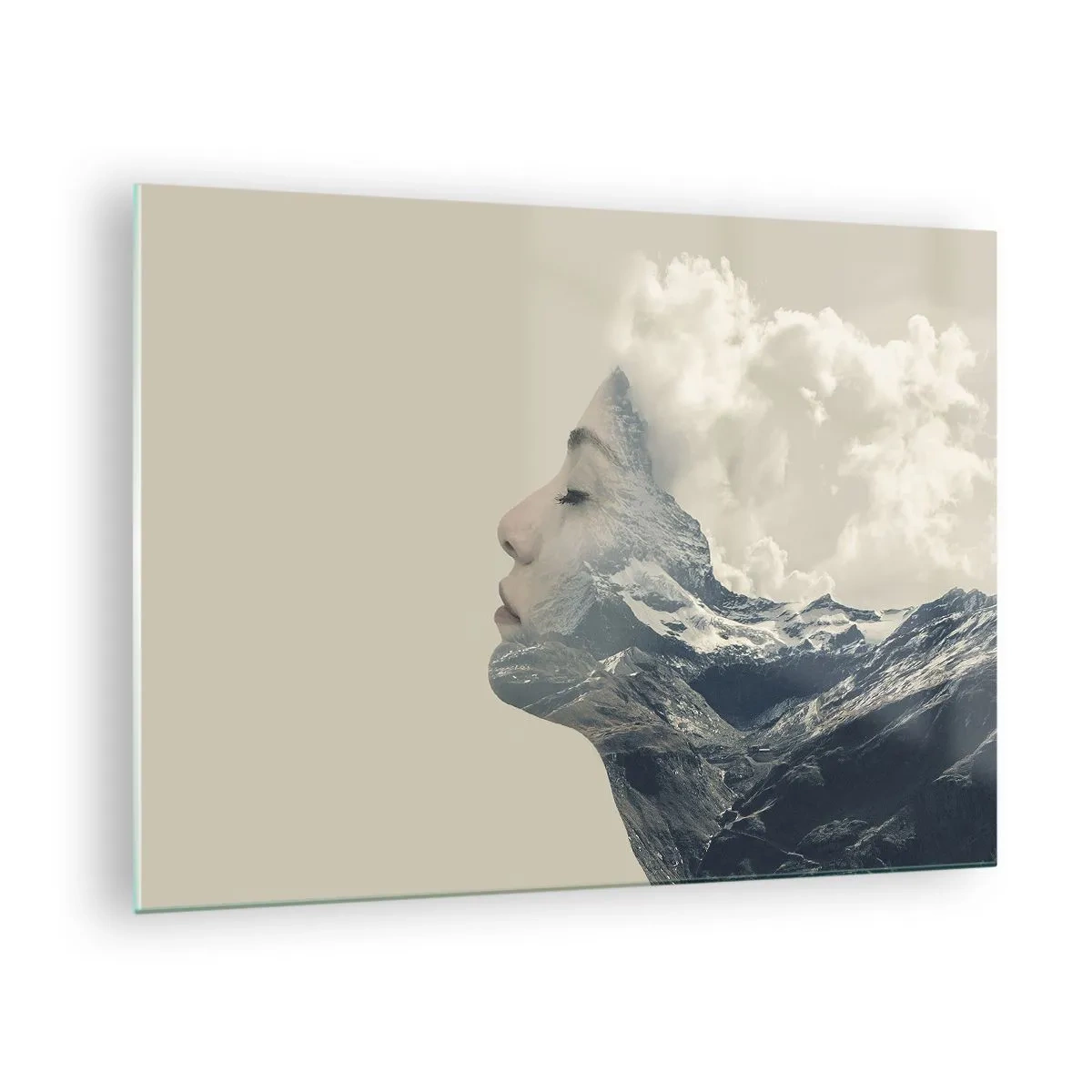 Obraz na skle - Ženský profil s krajinou hor a mraků v pozadí. - 70x50cm - Krása živlů - Moderní nástěnná dekorace do obývacího pokoje a ložnice ARTTOR