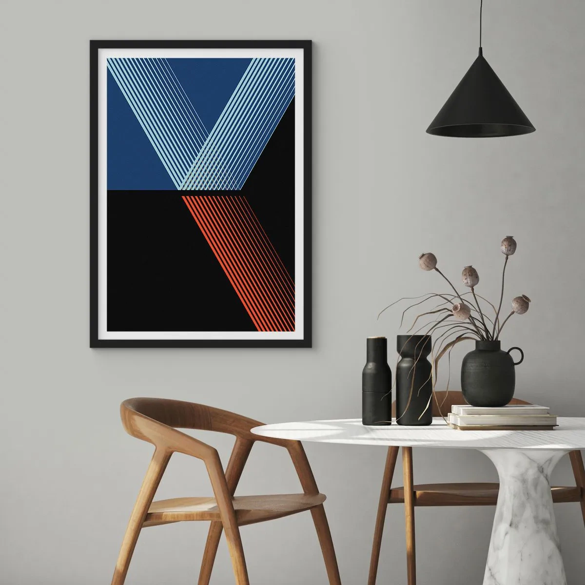 Plakát v černém rámu - Abstraktní kompozice čar v modré, černé a červené barvě - 50x70cm - Jednoduchý příběh - Moderní nástěnná dekorace do obývacího pokoje a ložnice ARTTOR