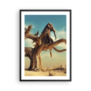 Plakát v černém rámu - Slon sedící na větvi stromu v surrealistické krajině. - 50x70cm - Nový úhel pohledu - Moderní nástěnná dekorace do obývacího pokoje a ložnice ARTTOR