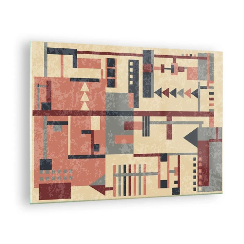 Obraz na skle - Abstraktní geometrický vzor v béžových a červených odstínech - 70x50cm - Vodorovná a svislá kombinace - Moderní nástěnná dekorace do obývacího pokoje a ložnice ARTTOR