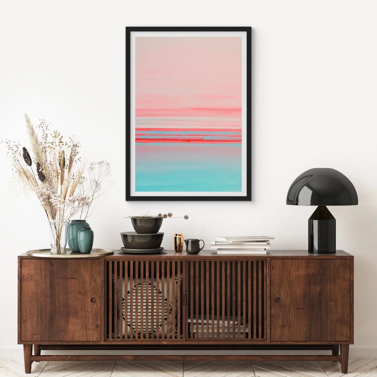 Plakát v černém rámu - Jemná abstrakce v pastelových odstínech růžové a modré. - 50x70cm - Abstrakce za úsvitu - Moderní nástěnná dekorace do obývacího pokoje a ložnice ARTTOR