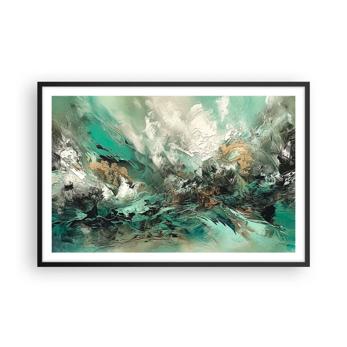 Plakát v černém rámu - Smaragdově černé vlnobití - 91x61 cm