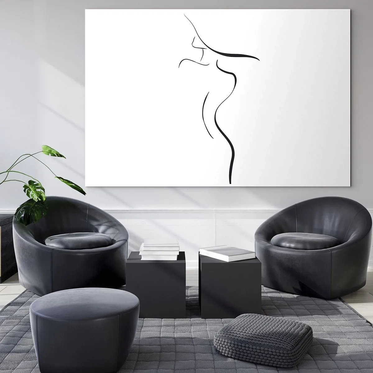 Obraz na skle - Minimalistický obrys ženské siluety v černé a bílé - 70x50cm - Nepolapitelná jako vlna - Moderní nástěnná dekorace do obývacího pokoje a ložnice ARTTOR
