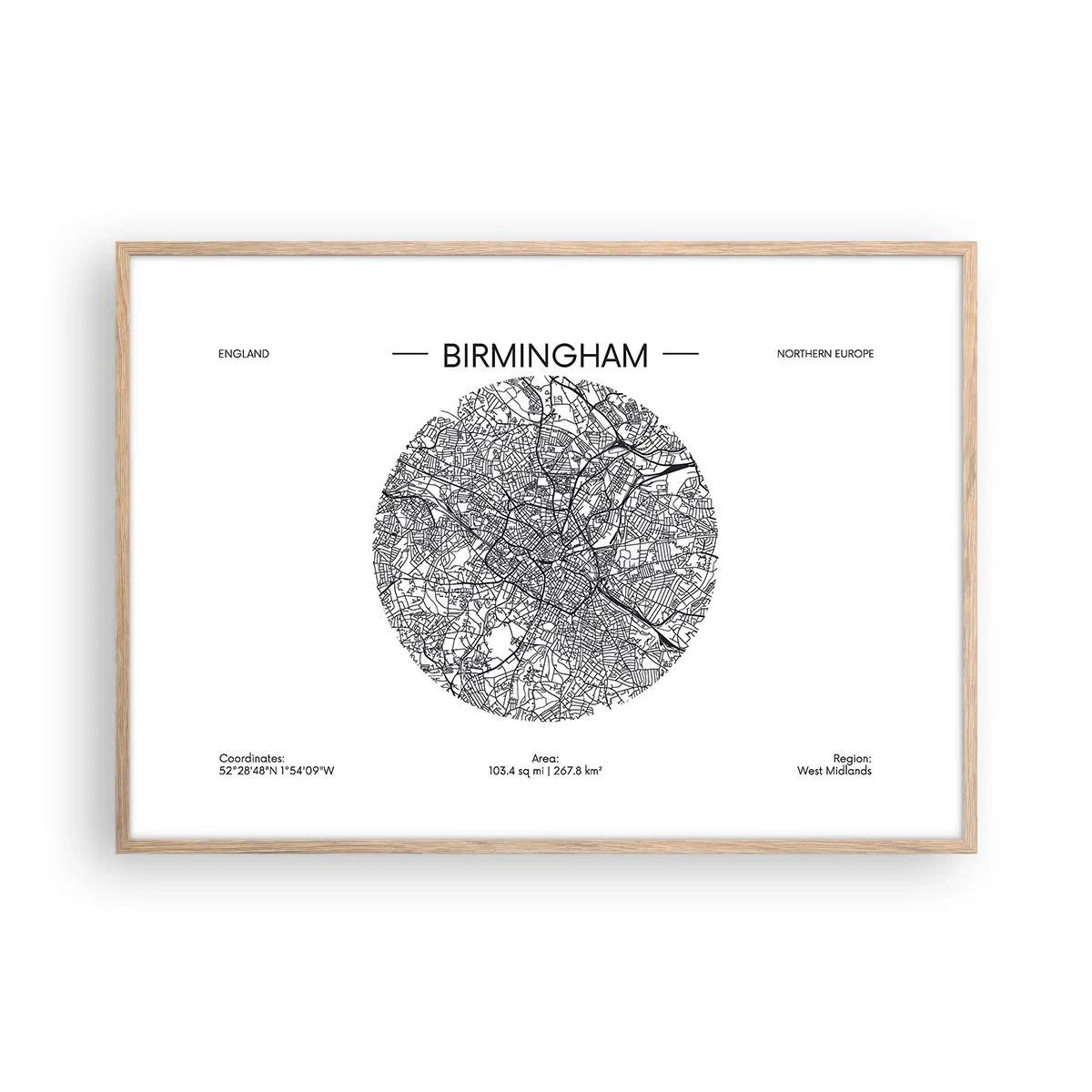 Plakát v rámu světlý dub - Anatomie Birminghamu - 100x70 cm