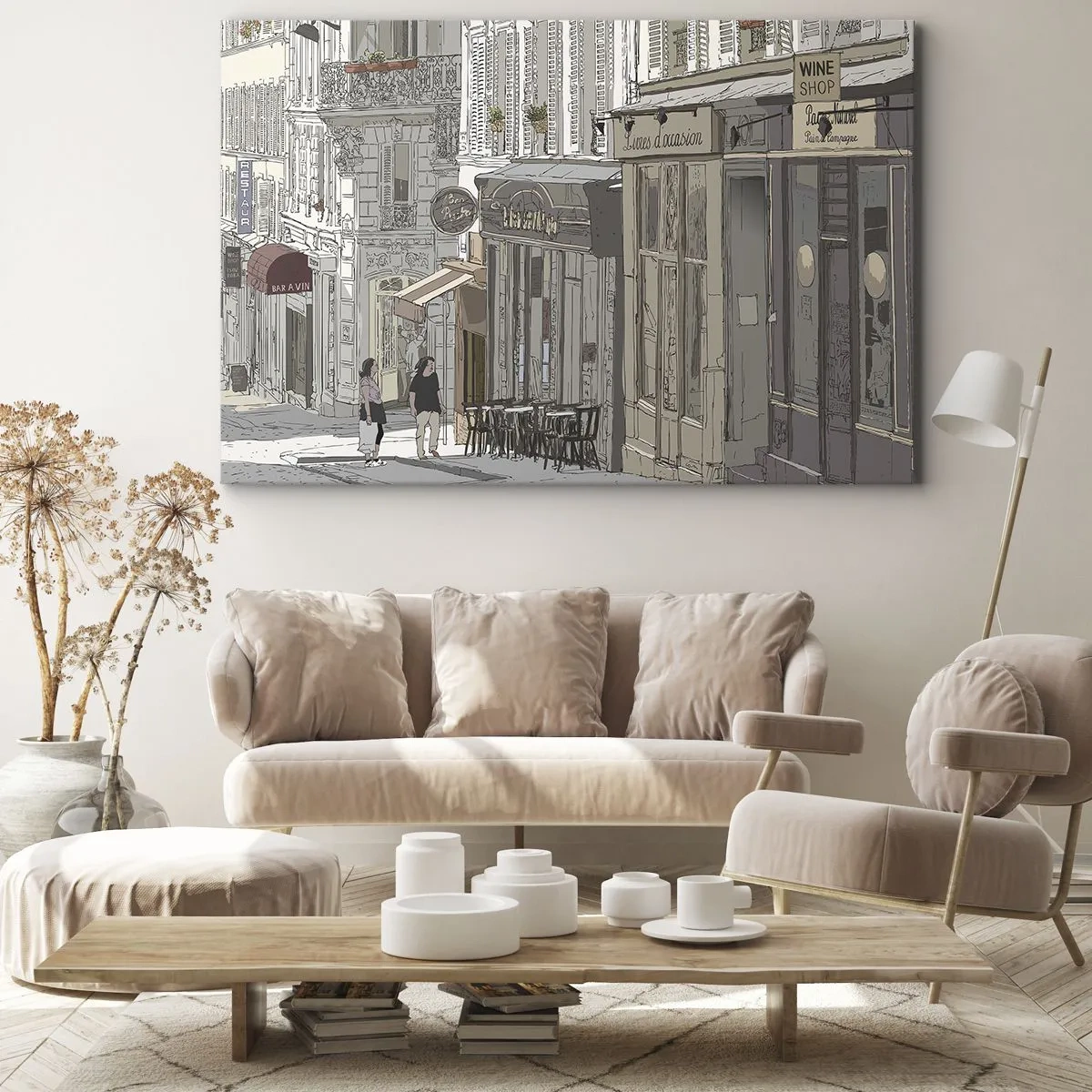 Obraz na plátně - Ilustrace městské ulice s kavárnami a obchody - 70x50cm - Městské radosti - Moderní nástěnná dekorace do obývacího pokoje a ložnice ARTTOR