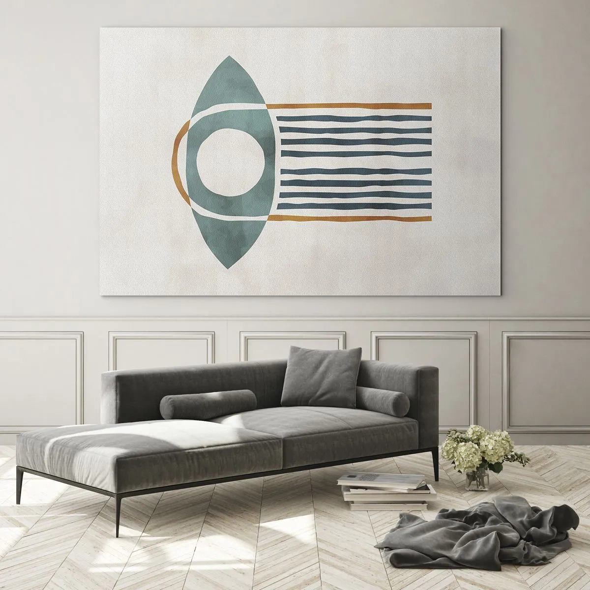 Obraz na skle - Geometrický tvar s kruhem a čarami v odstínech zelené a červené. - 70x50cm - Znaky a rituály - Moderní nástěnná dekorace do obývacího pokoje a ložnice ARTTOR