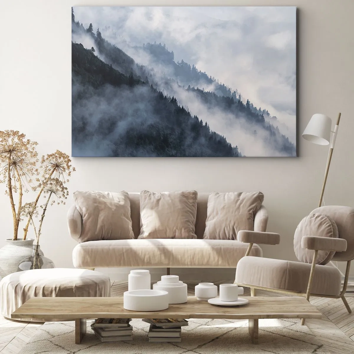 Obraz na plátně - Mlha se vznáší nad zalesněnými horskými svahy v tajemné krajině - 70x50cm - Horská mystika - Moderní nástěnná dekorace do obývacího pokoje a ložnice ARTTOR