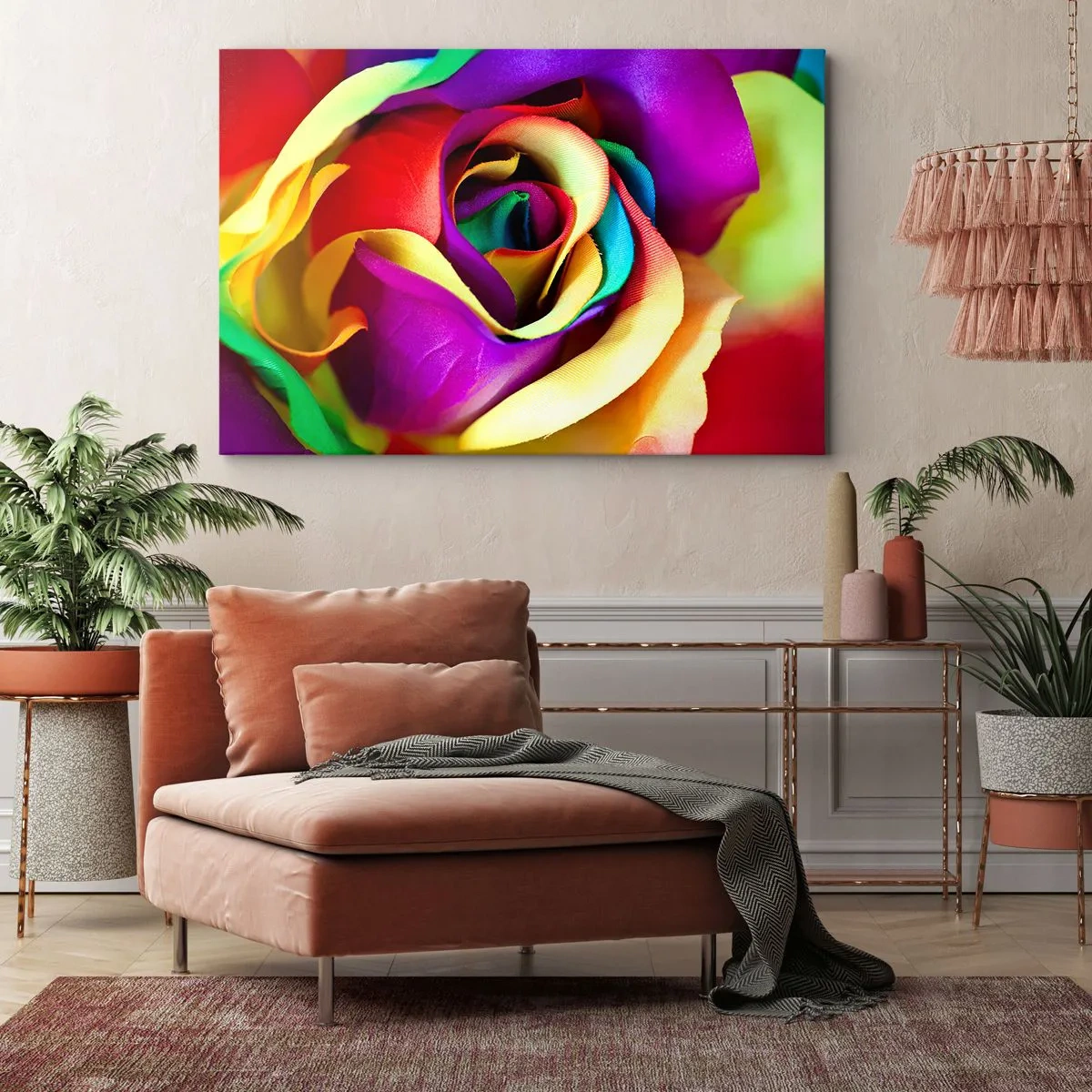 Obraz na plátně - Barevná růže v duhových odstínech - 70x50cm - To není možné - Moderní nástěnná dekorace do obývacího pokoje a ložnice ARTTOR
