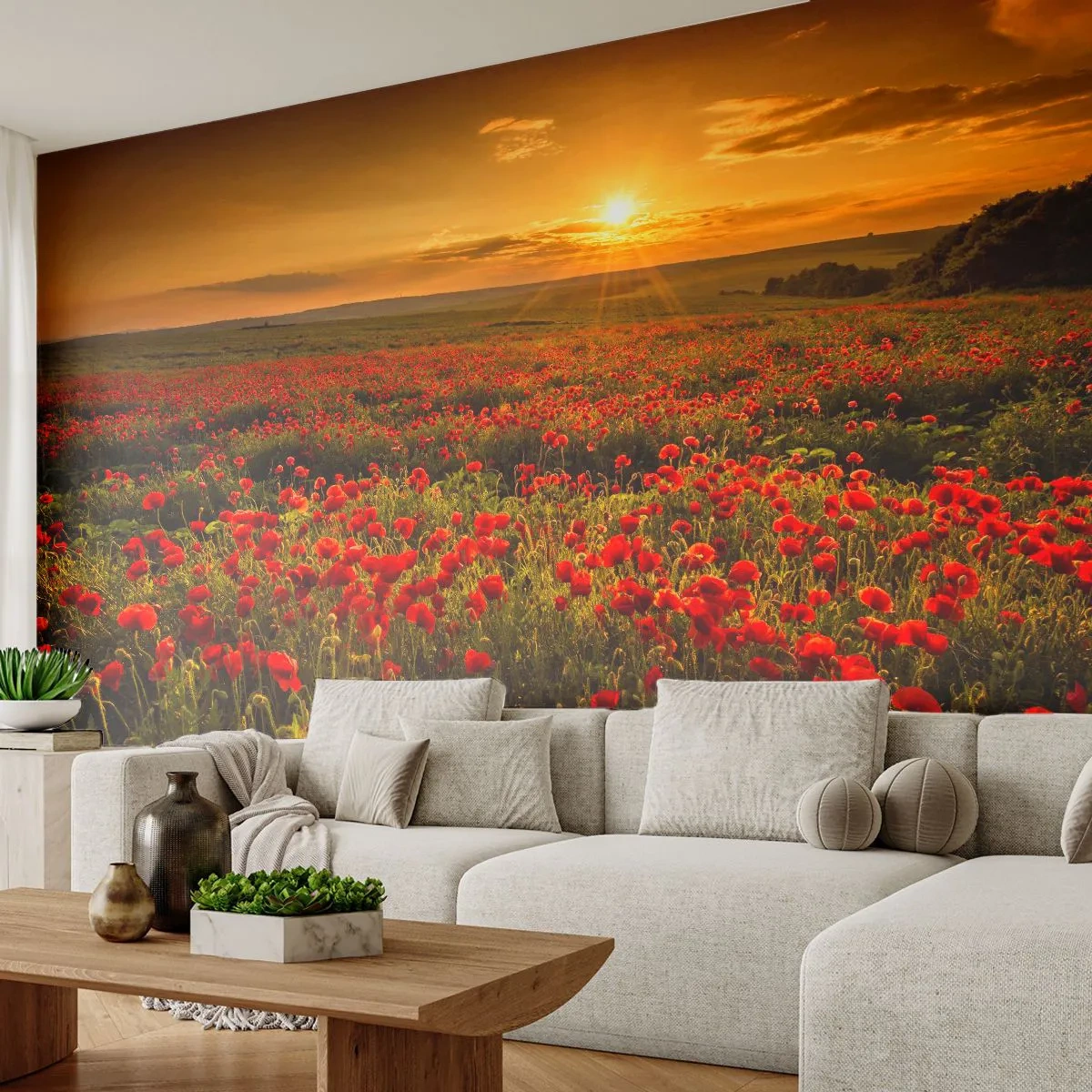 Fototapeta Samolepicí Deluxe Sticker - Mezi vlnami šumících luk, mezi záplavou květů - Krajina, Květiny, Vlčí mák - 250x175 cm