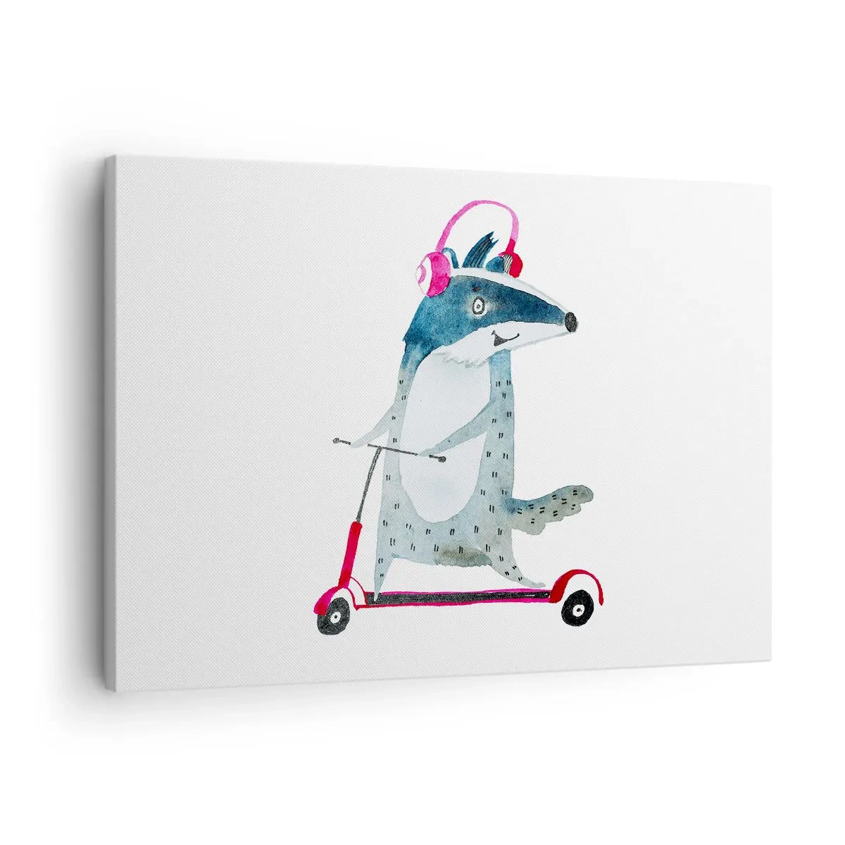 Obraz na plátně - Jezevec na koloběžce s růžovými sluchátky - 70x50cm - Jezevčí radosti - Moderní nástěnná dekorace do obývacího pokoje a ložnice ARTTOR