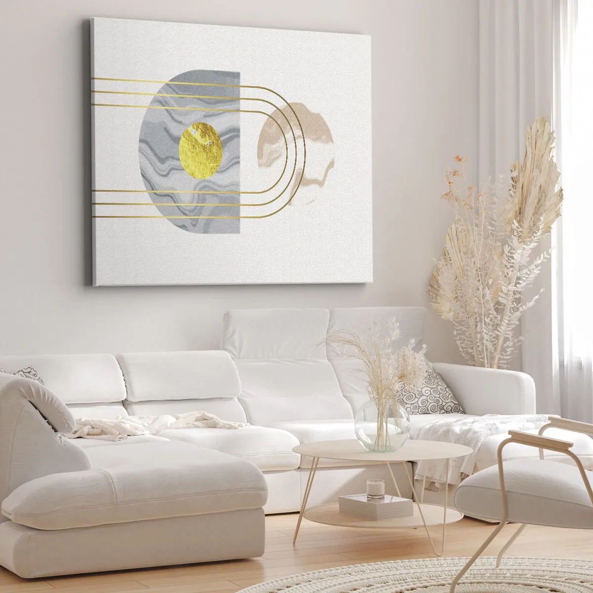Obraz na plátně - Abstraktní kompozice s kruhy a zlatými čarami na světlém pozadí. - 70x50cm - Jas a zářivost - Moderní nástěnná dekorace do obývacího pokoje a ložnice ARTTOR
