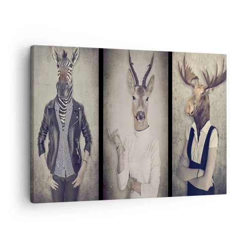 Obraz na plátně - Triptych se zvířecími postavami v lidském oděvu na uměleckém pozadí - 70x50cm - Ať promluví gesta - Moderní nástěnná dekorace do obývacího pokoje a ložnice ARTTOR