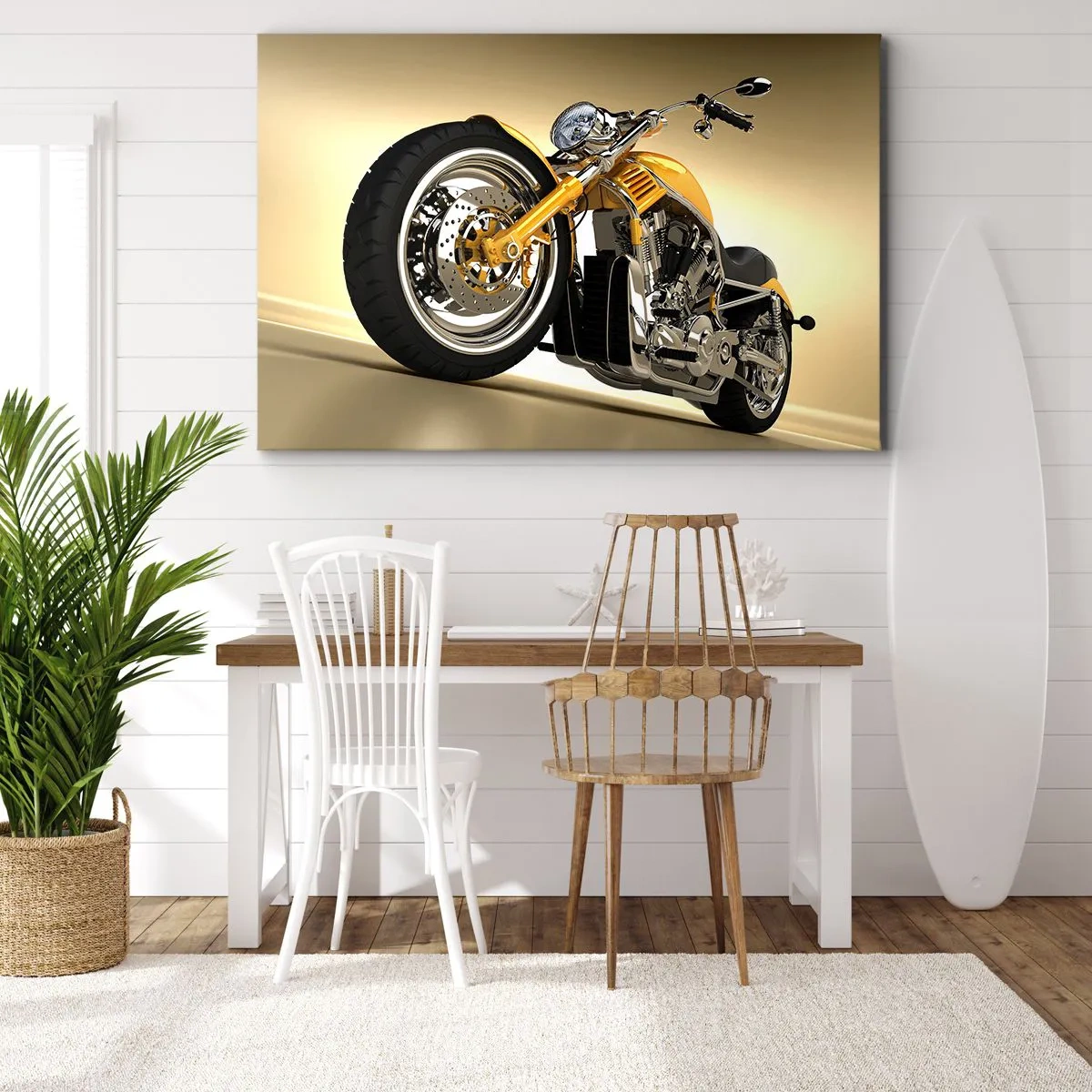 Obraz na plátně - Žlutý motocykl ve stylu chopperu proti béžové zdi - 70x50cm - Sen o síle a rychlosti - Moderní nástěnná dekorace do obývacího pokoje a ložnice ARTTOR