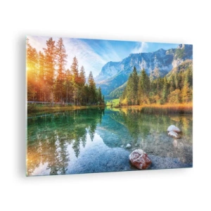 Obraz na skle - Horské jezero obklopené lesem a majestátními vrcholy - 70x50cm - Něžnost podzimu - Moderní nástěnná dekorace do obývacího pokoje a ložnice ARTTOR