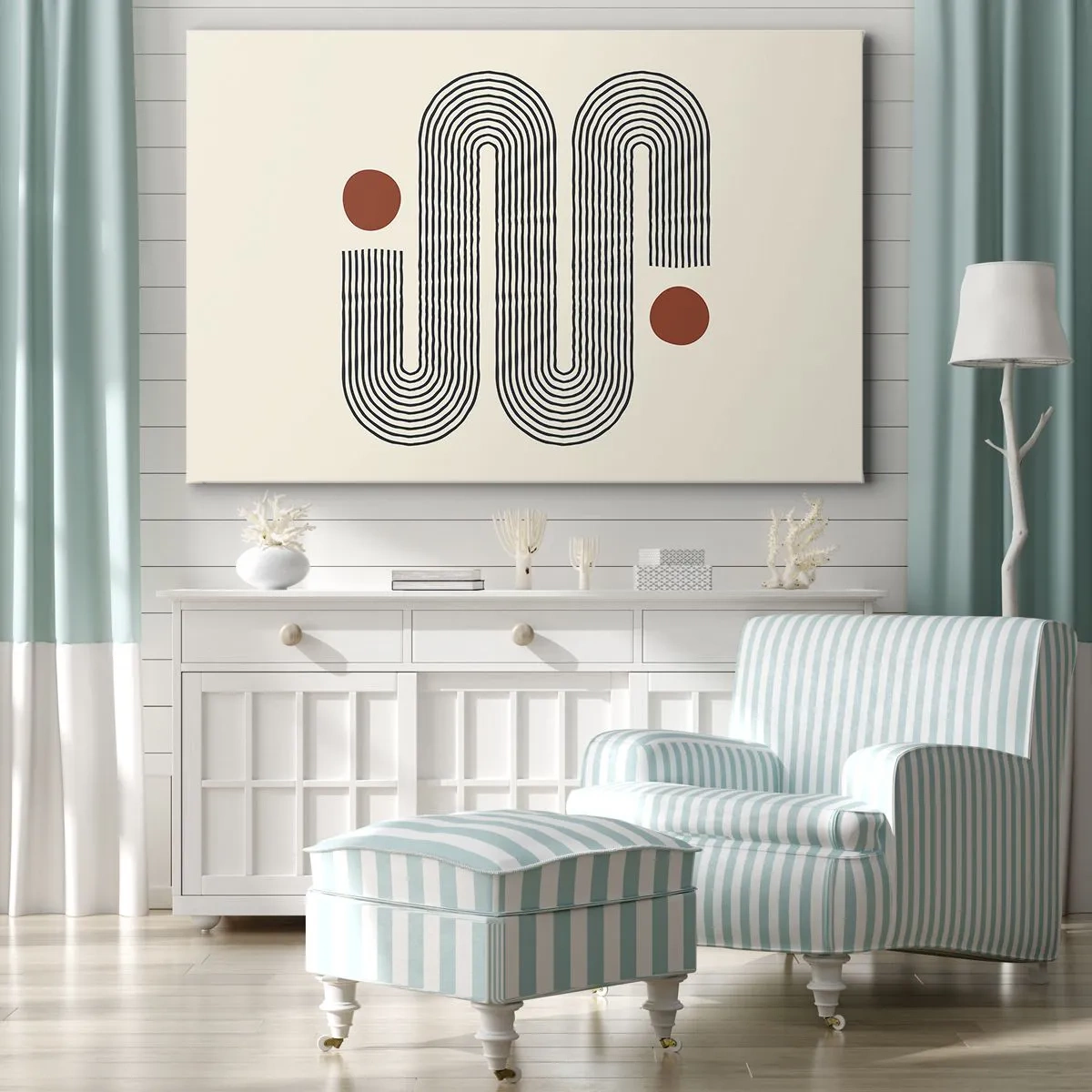 Obraz na plátně - Geometrický vzor s čarami a oranžovými kruhy - 70x50cm - Od začátku do konce - Moderní nástěnná dekorace do obývacího pokoje a ložnice ARTTOR