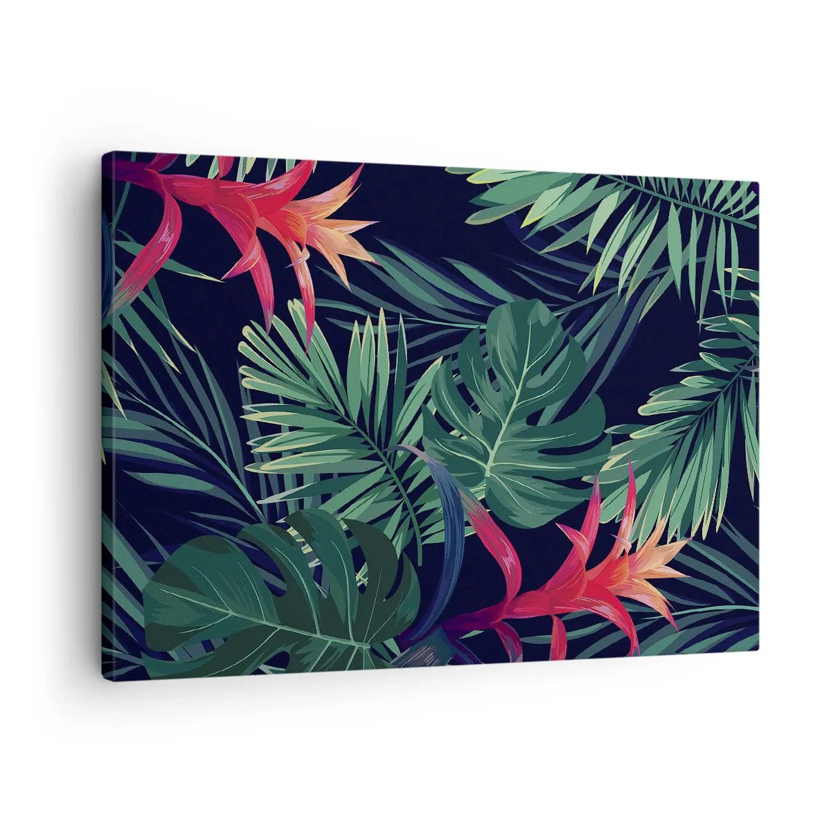 Obraz na plátně - Tropické listy a květiny na tmavém pozadí - 70x50cm - Vzplanout v zeleném - Moderní nástěnná dekorace do obývacího pokoje a ložnice ARTTOR